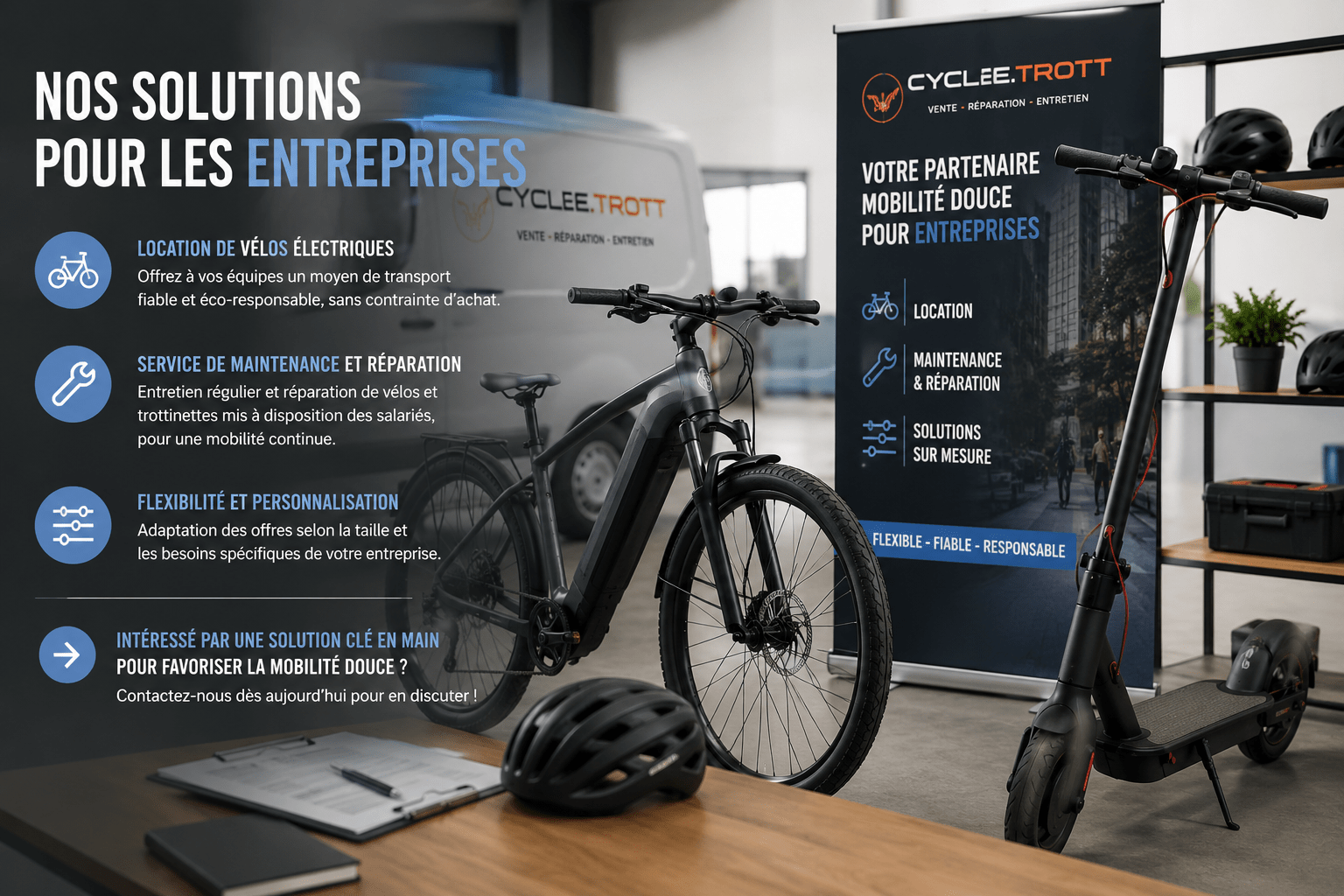 Nous sommes ravis de vous accueillir chez CYCLE.E.TROTT et de vous aider à profiter pleinement de votre trottinette électrique ou de votre vélo électrique. Faites-nous confiance pour des services de qualité supérieure et une expérience client exceptionnelle ! Nous avons 100m2 qui débute avec nous entrée principale décorée par nos soins. Le thémé est autour du cycle avec des roues de vélos horné de fleur, un vélo vintage suspendu mais aussi une belle lampe avec de la récupe.